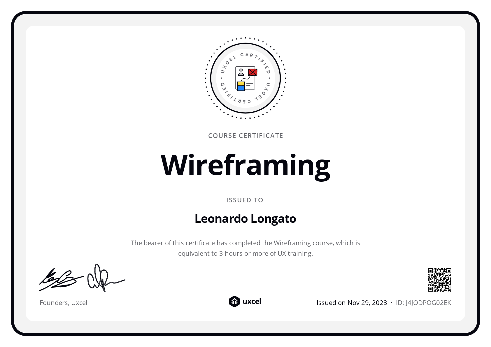 Leonardo Longato's certificate